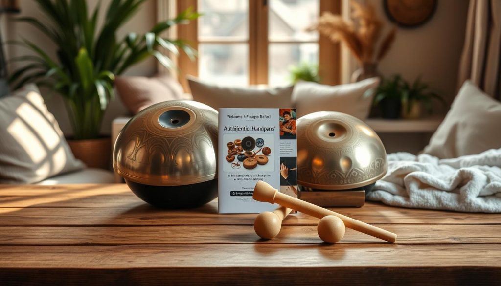 A beautifully arranged handpan set on a wooden table, showcasing its detailed craftsmanship and unique tones. The foreground features the handpan, with intricate surface patterns reflecting light, revealing its shiny metal finish. In the middle, accessories like mallets and an instructional booklet on identifying authentic handpans are artfully placed. Behind, a warm, ambient light filters through a window, casting soft shadows and enhancing the welcoming atmosphere. The background includes hints of a cozy room with natural materials, like plants and soft textiles, evoking a sense of tranquility and musical exploration. The overall mood is inviting and informative, perfect for highlighting quality craftsmanship and authenticity in handpan instruments.