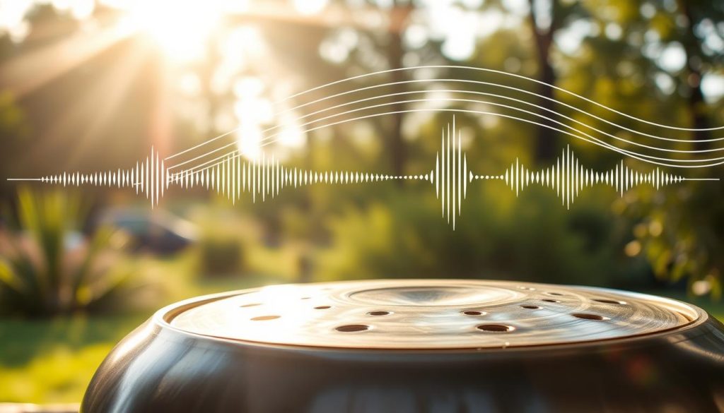 A beautifully crafted handpan, showcasing its metallic surface glinting under soft golden sunlight, is positioned prominently in the foreground. The handpan's domed shape reveals its intricate notes arranged around the circular body, highlighting variations in tuning. In the middle ground, a serene outdoor setting with lush greenery and gentle sunlight filtering through trees enhances the calming atmosphere. A sound wave graphic gently overlays part of the image, subtly illustrating the concept of frequency with harmonious lines emanating from the handpan, representing 432 Hz and 440 Hz tuning. The background features blurred natural elements, adding depth and tranquility to the scene. The overall mood is peaceful and inspiring, encouraging viewers to connect with the soothing sound of the handpan.