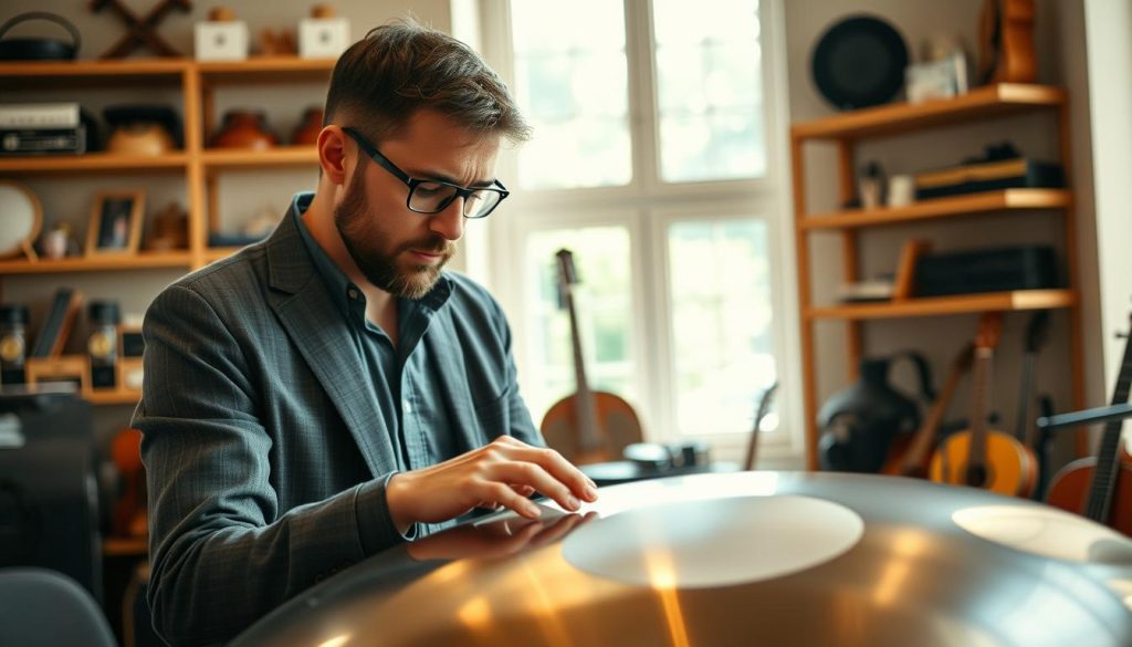 A close-up of a professional musician examining a high-quality handpan in a bright, inviting room filled with natural light. The musician, dressed in a smart casual outfit, is attentively inspecting the handpan's craftsmanship, highlighting its smooth surface and intricate details. In the background, shelves display various musical instruments and accessories, subtly alluding to the world of music. Soft, diffused lighting creates a warm and inviting atmosphere, with a shallow depth of field that keeps the focus on the musician and the handpan. The mood is focused and professional, emphasizing the importance of quality and authenticity in musical instruments, while conveying a sense of diligence and caution against potential pitfalls.