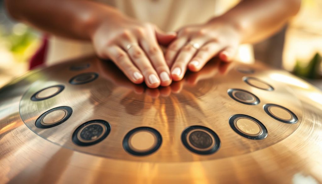A close-up view of a beautifully crafted handpan, highlighting its unique notes etched into the surface. The foreground shows the instrument's intricate details, showcasing the unique shape and various tones represented by circular resonant areas, shimmering with a warm metallic finish. In the middle, there are gentle hands positioned above the handpan, poised to play, indicating the hand technique used to produce beautiful melodies. The background is softly blurred, suggesting a serene environment, perhaps a sunlit outdoor setting, enhancing the tranquility associated with playing the handpan. Natural lighting creates reflections on the surface, highlighting the craftsmanship, while a bokeh effect provides an ethereal feel, inviting the viewer into the world of music and relaxation.