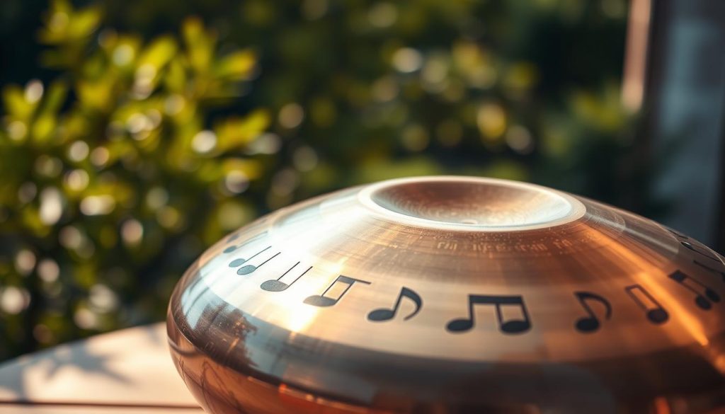 A close-up view of a beautifully crafted handpan, showcasing a variety of notes embossed on its surface, reflecting both metallic and iridescent hues. The foreground features the handpan resting on a natural wooden table, with delicate shadows highlighting its contour. In the middle, a soft bokeh effect blurs a serene outdoor backdrop featuring lush greenery, enhancing a tranquil atmosphere. Warm, diffused sunlight creates a golden glow, illuminating the handpan and adding a sense of warmth and depth. The overall mood evokes a sense of peace and artistic inspiration, ideal for showcasing the intricate design and musical potential of the instrument.