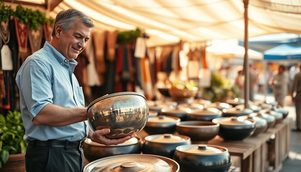 A focused scene of a professional handpan seller in a vibrant marketplace. In the foreground, a middle-aged man in smart casual attire, wearing a light blue shirt and dark trousers, is showcasing a beautifully crafted handpan with shiny metallic colors that reflect light. His expression is friendly and knowledgeable as he engages a potential buyer. In the middle ground, various handpans of different shapes and colors are displayed on a wooden table, surrounded by fresh greenery and decorative fabrics typical of a marketplace. The background features a warm, inviting atmosphere with soft golden lighting filtering through a canopy, suggesting a sunny day. The overall mood is open, engaging, and informative, with a sense of excitement about discovering authentic handpans.