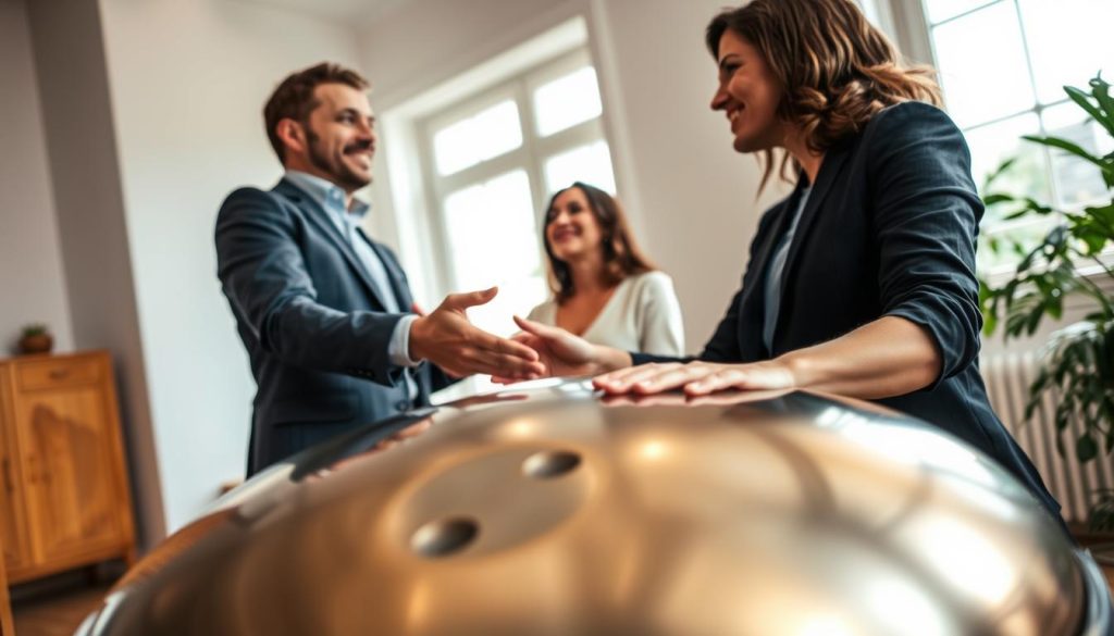 A professional meeting taking place in a bright, airy room, featuring two individuals discussing the purchase of a handpan. In the foreground, a close-up of hands exchanging a handpan, showcasing its unique, metallic surface and intricate design. In the middle, the two individuals are engaged in a friendly conversation; one wears smart casual clothing, while the other is in professional attire. The background features a softly blurred window with natural light pouring in, adding a warm and inviting atmosphere. The camera angle is slightly elevated, capturing both the exchange and the expressions on their faces. The scene conveys trust, safety, and a sense of community in buying musical instruments.