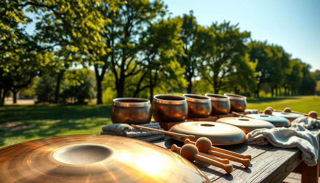A serene outdoor setting featuring a selection of handpans arranged artistically on a wooden table. In the foreground, a close-up of a handpan glistening in natural daylight, showcasing its intricate craftsmanship and distinctive notes, with vibrant colors representing different scales. The middle ground features various handpans in popular scales like D minor, C major, and A minor, displayed alongside felt mallets and cozy blankets. In the background, lush green trees gently swaying in a light breeze, under a clear blue sky enhance the peaceful atmosphere. Soft, warm lighting casts playful shadows that emphasize the handpans' curves and textures. The scene conveys a sense of tranquility and inspiration, perfect for a musical exploration.