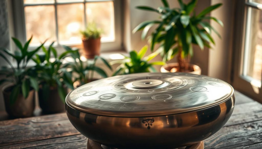 A serene setting featuring a beautifully crafted handpan in the foreground, positioned on a rustic wooden table. The handpan showcases its intricate designs and beautiful metallic sheen, capturing the light in a way that emphasizes its curves and tonal quality. In the middle ground, soft natural lighting filters through a nearby window, casting gentle shadows and creating an inviting atmosphere. In the background, lush potted plants add a touch of greenery, enhancing the warm ambiance of the scene. The angle of the shot is slightly above the handpan, allowing for a clear view of its distinctive features, evoking a sense of contemplation and inspiration. The mood is calm and thoughtful, ideal for someone considering the purchase of a musical instrument.