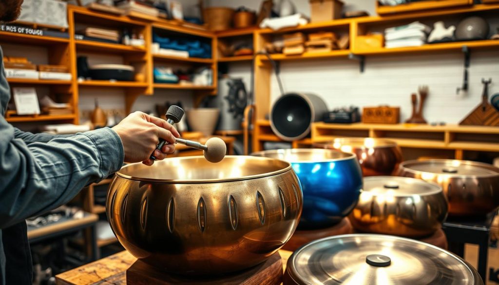 A technician adjusting the tuning of a handpan in a well-lit workshop, showcasing various handpan instruments on a wooden workbench. In the foreground, focus on the technician's hands delicately tuning the instrument using specialized tools like a tuner and mallets. The middle ground features a selection of handpans in different colors and finishes, reflecting their craftsmanship. The background includes shelves filled with maintenance supplies and soundproofing materials, adding to the ambiance of a professional setting. Soft, warm lighting highlights the metallic sheen of the handpans and creates a calm, focused atmosphere, evoking a sense of care and precision in instrument maintenance.
