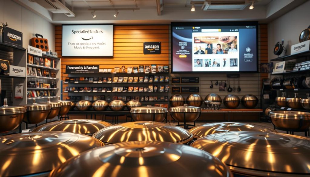 A well-lit, inviting online music store showcasing a variety of high-quality handpans. In the foreground, a display table features several authentic handpans with intricate designs, shining under soft, warm lighting that highlights their polished surfaces. The middle section includes shelves lined with trustworthy brands and clear signage promoting specialized music retailers. In the background, a modern, sleek website interface is projected on a large screen, emphasizing professionalism and trustworthiness in online shopping. The atmosphere is welcoming and reassuring, conveying confidence in the purchasing experience, with soft, natural colors enhancing the calm mood. The lens perspective is slightly elevated, giving a comprehensive view of the scene, illustrating the contrast between specialized sites and broader platforms like Amazon.