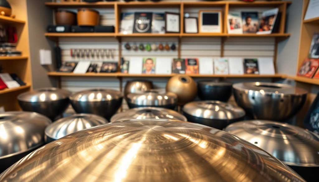 A beautifully arranged display of handpans in a Cultura store setting, showcasing various models with differing note patterns and qualities. In the foreground, a polished handpan, glistening under soft, warm studio lighting, reflects its intricate surface details. The middle ground features additional handpan models, each set at an angle to highlight their unique designs and sound qualities. The background includes several shelves lined with music accessories and instructional materials on handpan playing. The atmosphere is inviting and educational, emphasizing a calm and inspiring environment for potential buyers. The scene is captured with a slight depth of field, ensuring the focus remains on the handpans while softening the peripheral details.