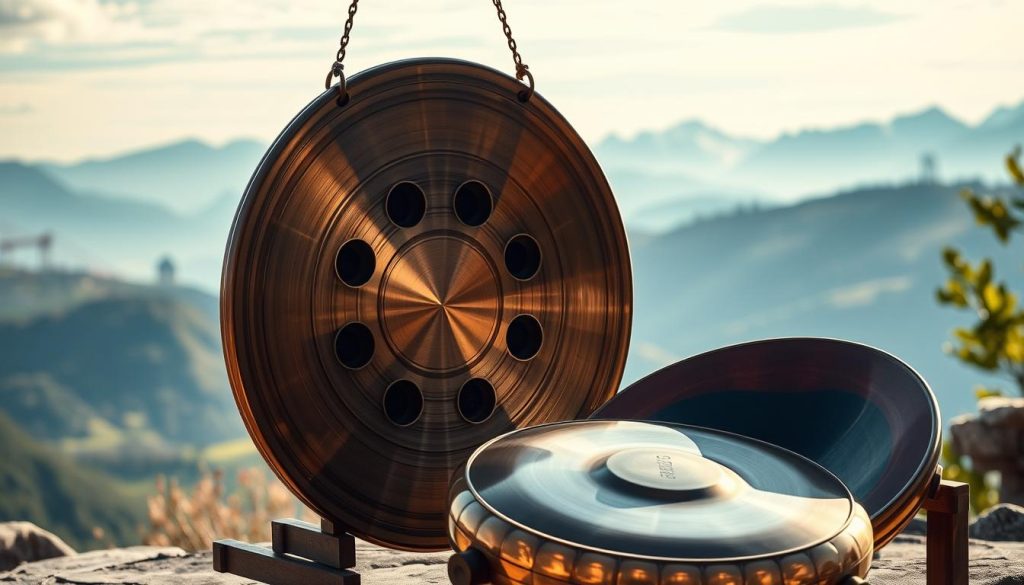 A beautifully crafted Hang drum and a modern handpan prominently displayed in the foreground, showcasing their intricate designs and polished surfaces. The Hang drum, with its eight tonal centers, glimmers in rich bronze tones, while the handpan shines in a vibrant, contemporary finish. In the middle ground, soft-focus images of Swiss mountains hint at the origin of the Hang. The background features a serene, natural landscape with gentle hills and a soft blue sky, evoking a tranquil atmosphere. Warm, natural lighting casts gentle shadows, highlighting the curves of the instruments. The entire scene should convey a sense of history and craftsmanship, inviting the viewer to explore the origins and evolution of these captivating musical instruments.