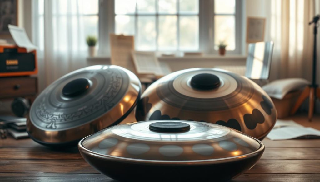 A beautifully crafted handpan and tongue drum set against a serene indoor music studio backdrop. In the foreground, the instruments are polished and arranged on a wooden surface, showcasing their unique shapes and intricate surface patterns that reflect a range of calming colors like blues and greens. In the middle ground, soft natural light streams through a large window, highlighting the gentle curves of the instruments. The background features subtle music sheets scattered around, creating a warm and inviting atmosphere filled with creativity and tranquility. The overall mood is peaceful, emphasizing the melodic potential and soundscapes these instruments can create.
