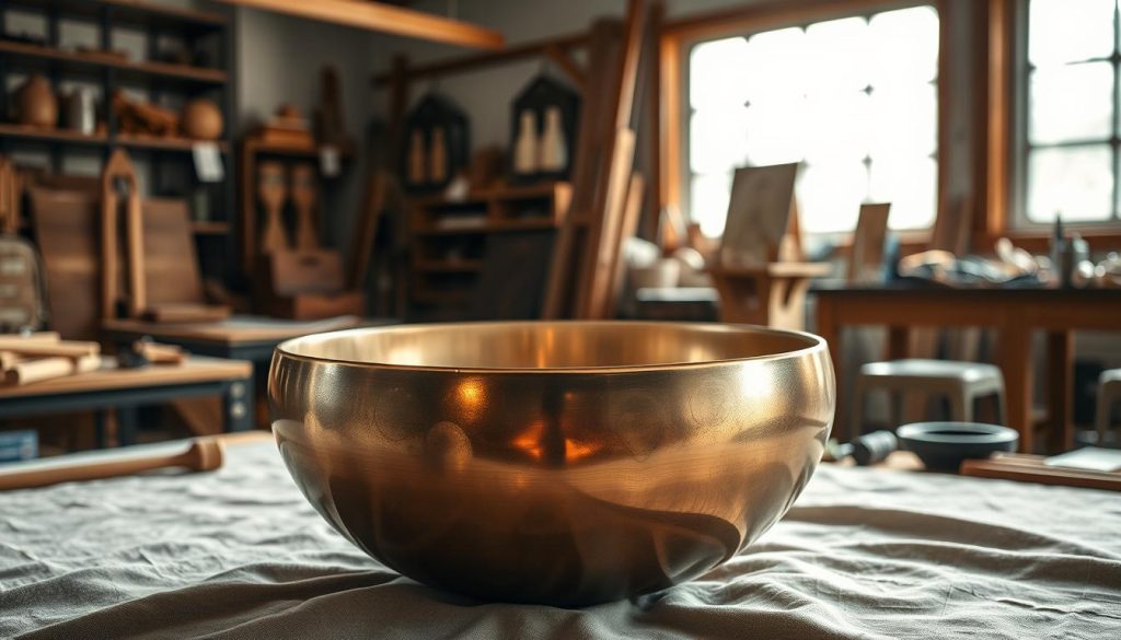 A beautifully crafted handpan displayed prominently in the foreground, showcasing its intricate, polished surface with rich copper and bronze tones that catch the light. The handpan is placed on a soft, textured fabric that hints at its artisan roots. In the middle ground, a serene workshop environment is visible, with wood and metal tools scattered around, emphasizing craftsmanship. The background features a gentle, diffused light streaming through a large window, creating a warm and inviting atmosphere. The scene is captured in soft focus, with a depth of field that highlights the handpan as the focal point, evoking a sense of artistry and passion for this unique instrument.