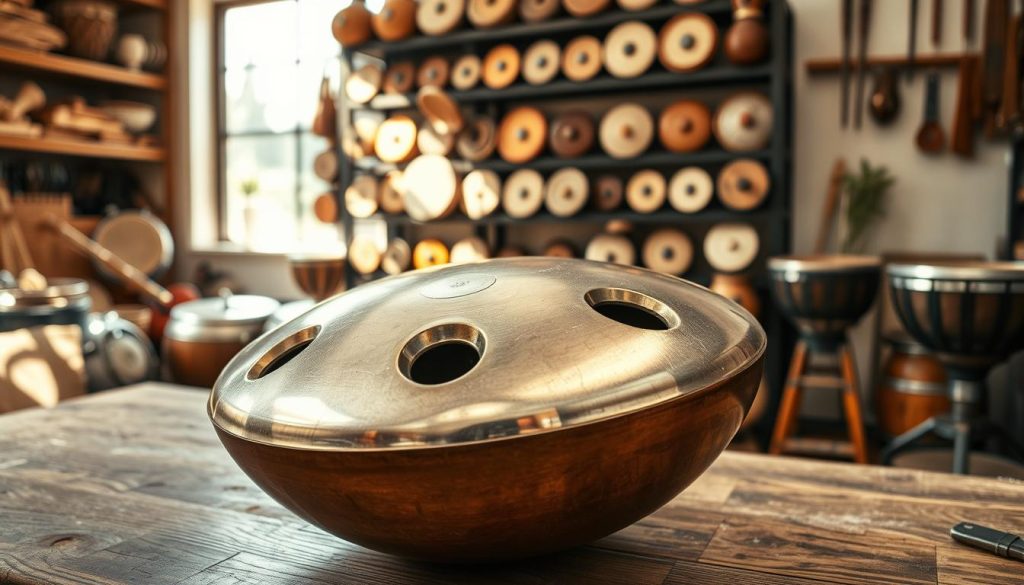 A beautifully crafted handpan, glistening in a soft, warm light, rests on a wooden table in the foreground, showcasing its unique shape and distinct sound holes. The surface of the instrument reflects subtle hints of metallic hues, indicative of its high-quality construction. In the middle background, shelves filled with various traditional percussion instruments hint at the evolution of musical craftsmanship. The atmosphere is serene, embodying a sense of artistic culture and history. A close-up angle captures the intricate details of the handpan’s surface, emphasizing its craftsmanship and unique textures. Natural light from a nearby window casts gentle shadows, enhancing the mood of creativity and inspiration. No text or human figures are present, focusing entirely on the handpan and its context within a musical workshop.