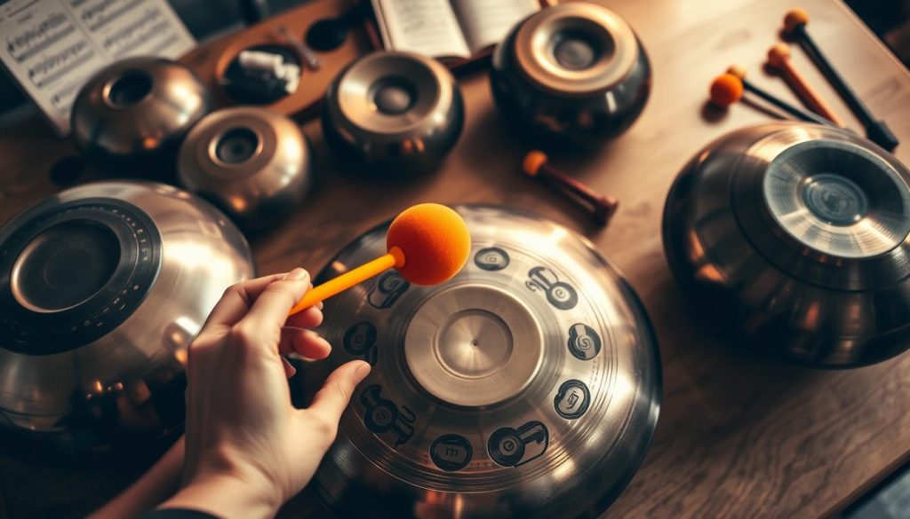 A captivating scene featuring a variety of handpans and tongue drums arranged artistically on a wooden table. In the foreground, a pair of skilled hands demonstrate different playing techniques with a brightly colored mallet and fingers gently hovering over the instruments' metallic surfaces, catching the soft light reflecting off them. The middle ground showcases the intricate details of the handpan's surface, revealing its unique notes and designs. In the background, softly blurred, elements like a music score and additional mallets hint at the musical environment. The lighting is warm and inviting, casting gentle shadows that create an engaging and educational atmosphere.