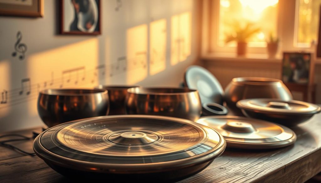 A captivating still life composition showcasing a variety of handpans arranged artistically on a wooden table. In the foreground, focus on a detailed, beautifully crafted handpan with vibrant and distinctive tones reflecting the light. In the middle ground, display several other handpans in different shapes and colors, emphasizing their unique tonalities. In the background, softly blurred musical notes and frequency visualizations subtly hint at the harmony of sound. The lighting is warm and inviting, creating a cozy atmosphere, with golden hour sunlight streaming in from a nearby window, casting gentle shadows. The scene should evoke a sense of tranquility and creativity, perfect for musicians and enthusiasts exploring their musical journey with handpans.