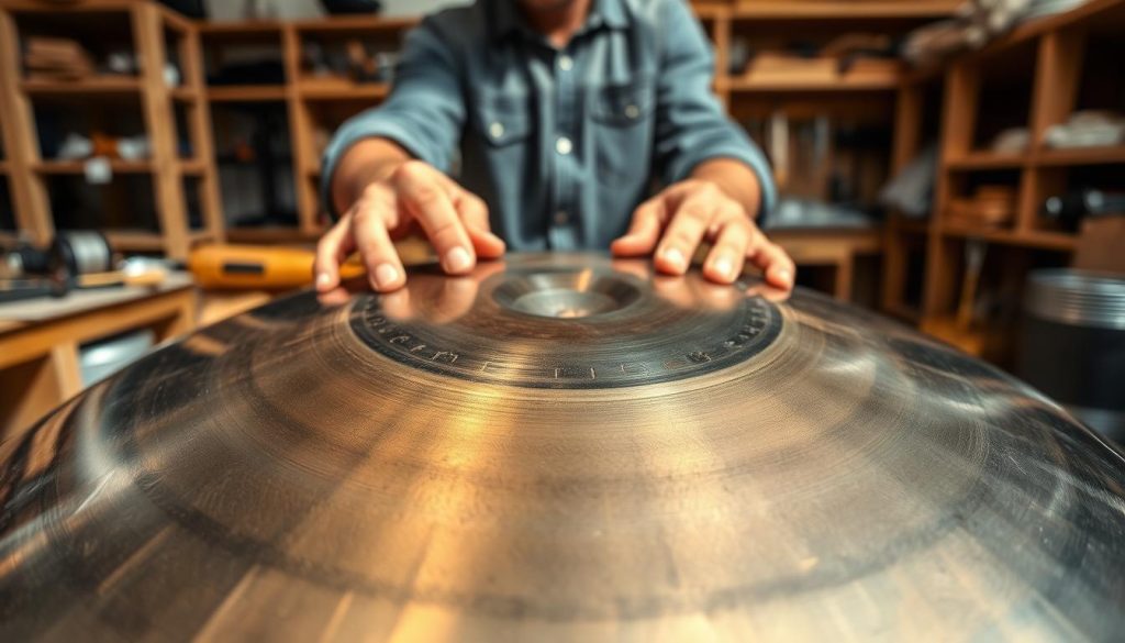 A close-up view of a beautifully crafted handpan made from high-quality steel, showcasing its intricate surface textures and polished finish. In the foreground, soft, natural light highlights the unique tonal grooves and the rich color variations of the metal. The middle ground reveals a pair of hands gently tuning the instrument, dressed in a casual yet professional manner, emphasizing care and maintenance. In the background, a serene workshop environment is visible, with wooden shelves filled with tools and equipment associated with steel care and maintenance, creating a warm, inviting atmosphere. The overall mood is one of craftsmanship and durability, conveying the importance of steel upkeep in enhancing the handpan experience.