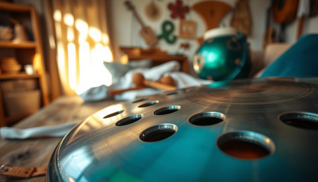 A close-up view of a beautifully crafted steel tongue drum, gleaming under soft natural light. The foreground features intricate tuning holes and smooth metallic surfaces showcasing a mix of vibrant colors - deep blues, rich greens, and shimmering golds. In the middle ground, the drum is displayed on a rustic wooden table, surrounded by soft fabric and handpan mallets, hinting at a serene, musical atmosphere. The background remains softly blurred, with hints of a cozy, well-lit room adorned with musical decor. The scene invokes a sense of tranquility and creativity, suggesting an inviting space for musical exploration. The photo is captured with a shallow depth of field, emphasizing the details of the drum while creating a warm, welcoming ambiance.