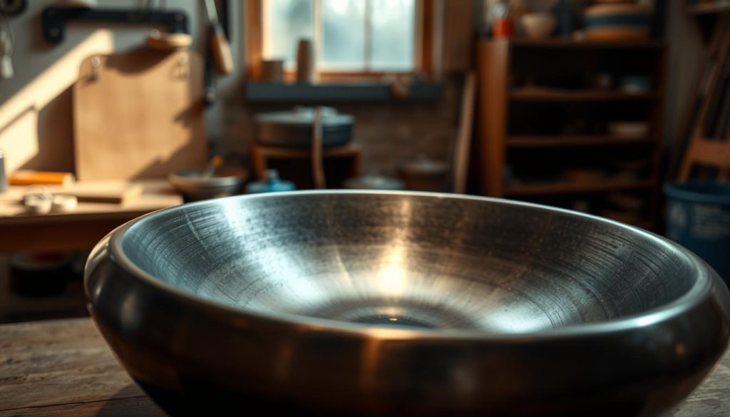 A close-up view of a polished handpan made from nitrided steel, showcasing its intricate, gleaming surface with rich, deep tones and subtle reflections. The foreground captures the handpan positioned elegantly on a wooden table, with soft, natural lighting highlighting the metallic textures. In the middle background, slightly blurred, there are artisan tools for creating handpans, indicating craftsmanship. The backdrop features a simple, rustic workshop environment with warm wooden elements and gentle ambient light, creating a serene and focused atmosphere. A shallow depth of field emphasizes the handpan's details, inviting a sense of quality and precision that is essential in discussing materials like nitrided steel versus stainless steel.