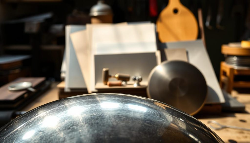 A close-up view of various steel materials used in musical instruments, specifically focusing on a range of textures and finishes: polished stainless steel, dark ember steel with a slightly rugged appearance, and nitrogen-treated steel showcasing a matte finish. In the foreground, a gleaming handpan sits at an angle, reflecting soft light that accentuates its curves and contours. In the middle, a selection of steel sheets and small tools suggests the craftsmanship involved in creating these instruments. The background features blurred workshop elements, like a workbench and tools, creating an inviting atmosphere. The scene is lit with warm, natural light, suggesting creativity and craftsmanship, evoking a sense of passion for music and metalwork.