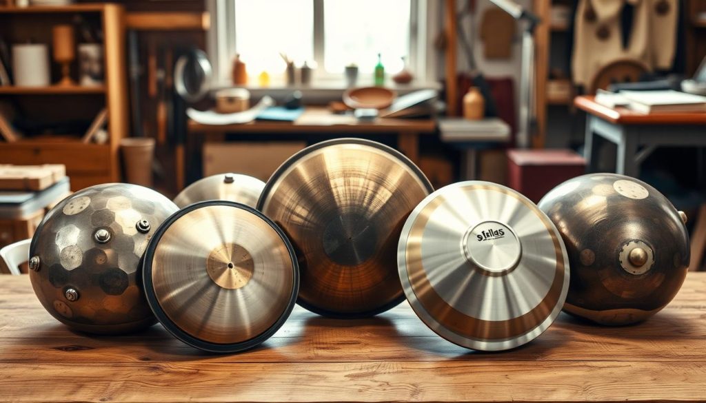 A collection of handpans and steel tongue drums elegantly displayed on a wooden table. In the foreground, the different shapes and finishes of the handpans glisten under soft, warm lighting, showcasing their intricate surface patterns and tonal knobs. The middle layer features a beautifully crafted steel tongue drum with a polished, matte finish, placed beside the handpans, highlighting their differences in design. The background is slightly blurred, revealing a cozy workshop environment filled with tools and materials, adding context to their creation. The atmosphere is serene and inviting, evoking a sense of craftsmanship and musical exploration, with natural light streaming in from a nearby window, enhancing the warm tones of the instruments.