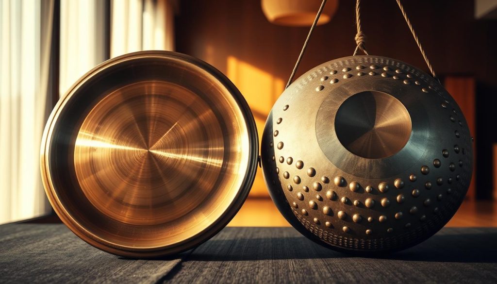 A detailed comparison image showcasing a handpan and a hang drum side by side, emphasizing their distinct shapes and surface textures. In the foreground, the handpan is featured, highlighting its rounded, convex shape and polished surface with intricate tone fields. Next to it, the hang drum, with a flatter design and unique dimples, creates a stark contrast. The middle ground displays soft shadows to enhance the visual depth, while the background features a serene indoor setting with warm, diffused lighting that evokes a calm atmosphere. Use a shallow depth of field to focus on the instruments, capturing their architectural design elements and reflecting the nuances of sound they produce. The overall mood is tranquil and harmonious, suitable for a musical exploration.