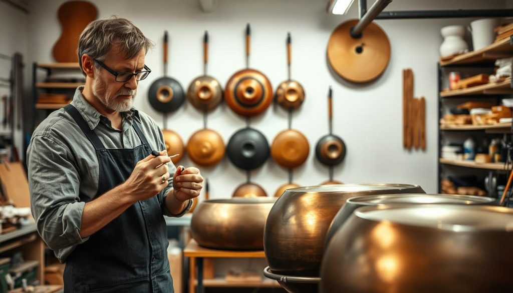 A detailed workshop scene showcasing a handpan manufacturer in France. In the foreground, a skilled artisan, dressed in modest casual clothing, is carefully tuning a handpan, holding special tools, with a focused expression. The middle ground features several handpans of varying sizes and finishes hanging on the wall, highlighting the craftsmanship. In the background, shelves filled with materials and tools for handpan creation, soft lighting illuminating the workspace while casting gentle shadows. The overall atmosphere is inviting and industrious, reflecting creativity and dedication in handpan manufacturing. The image is captured from a slightly elevated angle, emphasizing the artisan’s intricate process and the beauty of the instruments.