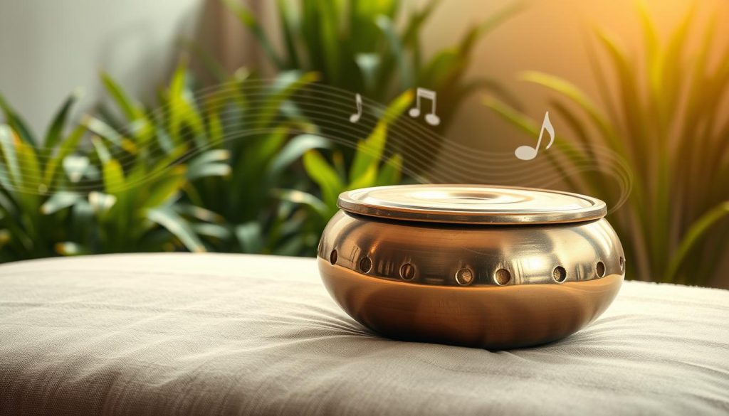 A serene and harmonious scene capturing the essence of sound and resonance. In the foreground, a handpan and a tongue drum are elegantly placed on a soft, naturally textured surface, showcasing their unique shapes and metallic finishes. The middle ground features a lush, calming environment with green plants, symbolizing harmony with nature. In the background, gentle waves of sound visually ripple through the air, illustrated as soft, flowing lines and light patterns emanating from both instruments. The lighting is warm and inviting, casting soft shadows to create depth. The atmosphere conveys tranquility and connection, immersing the viewer in the world of musical exploration and the contrasting timbres of the instruments.