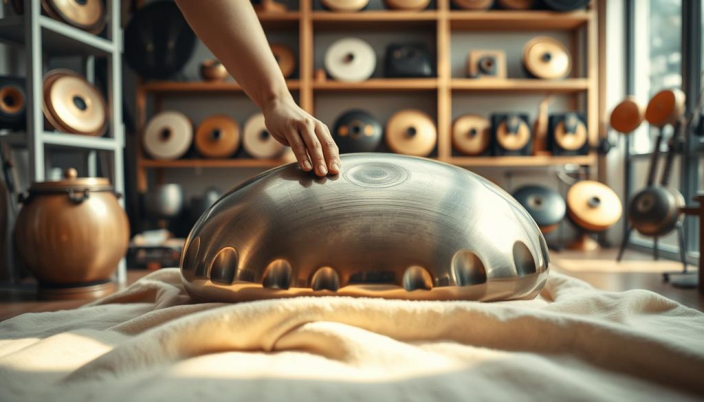 A serene indoor setting featuring a beautifully crafted steel tongue drum, showcasing its unique curved shape and intricate designs. The foreground includes the drum resting atop a soft, textured fabric, with gentle natural light reflecting off its metallic surface, creating a warm glow. In the middle, a hand reaches out to the drum, gently tapping its surface, producing harmonious, soothing sounds. In the background, shelves filled with various musical instruments, including handpans, provide context to the musical environment. The overall mood is inviting and tranquil, emphasizing the relaxing sonorities of the steel tongue drum. The lighting is soft and diffused, reminiscent of a cozy music shop atmosphere, captured from a slightly angled viewpoint that highlights both the drum and its surroundings.