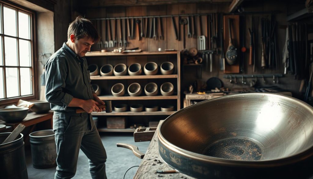 A serene workshop environment showcasing the artisan process of crafting a handpan. In the foreground, a skilled artisan in modest casual clothing is intensely focused, hammering a metal sheet against a wooden workbench, surrounded by various hand tools. The artisan's hands are in motion, creating a sense of dynamic energy. In the middle ground, shelves filled with partially completed handpans reflect the meticulous work involved in each piece, while light filters through a nearby window, casting soft shadows. In the background, subtle textures of the workshop – wood grains, metal surfaces, and tools hanging on the wall – contribute to a rustic yet professional atmosphere. The overall mood is one of craftsmanship, dedication, and artistry, emphasizing the difference between machine-made and handmade quality.