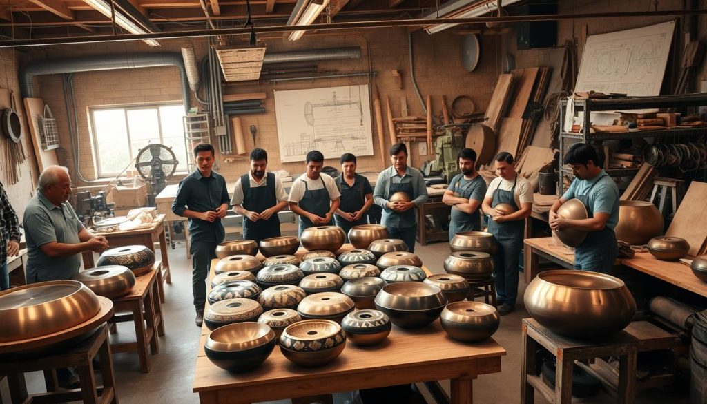 A vibrant workshop scene showcasing various handpan manufacturers, emphasizing the evolution from the original Hang to contemporary handpans. In the foreground, a diverse group of artisans—men and women of different ethnicities—are skillfully crafting handpans, dressed in casual yet professional attire. The middle ground features a range of handpans in different sizes, colors, and designs displayed on wooden tables, highlighting the innovation and creativity in the craftsmanship. The background is filled with tools, machinery, and blueprints, creating an industrious atmosphere. Soft, warm lighting illuminates the scene, casting gentle shadows and enhancing the textures of the instruments. The mood is one of collaboration, heritage, and passion for music, inviting viewers to appreciate the rich history and diversity of handpan production.