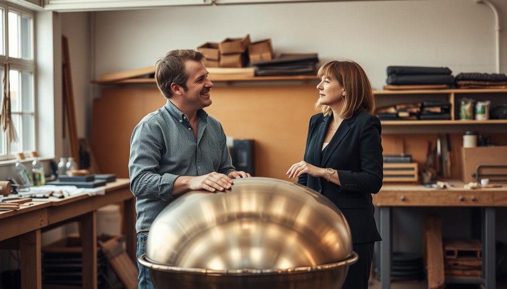 Felix Rohner and Sabina Schärer standing together in a well-lit workshop in Bern, surrounded by handpans and crafting tools. Felix is casually dressed in a tailored shirt and jeans, while Sabina wears a smart blouse and trousers. They are engaged in conversation, with a handpan being held between them, showcasing the craftsmanship of the instrument. The background features a workbench cluttered with tools and materials, illuminated by warm, natural light streaming through a large window. The atmosphere is collaborative and innovative, reflecting their dedication to the art of handpan making. The composition focuses on their expressions and the intricate details of the handpan, creating an inviting, inspiring scene.