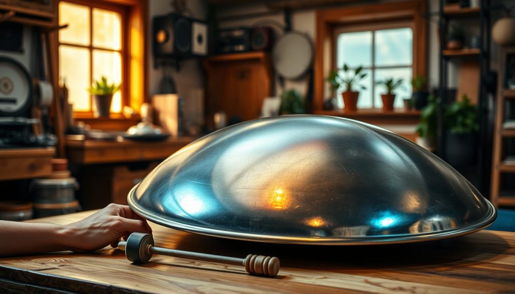 A beautifully crafted accordage handpan resting on a wooden table, showcasing its intricate surface designs and vibrant metallic colors. In the foreground, a pair of skilled hands gently tuning the instrument, with a small tuning hammer resting beside them. The midground features a softly lit workshop filled with musical tools and materials, providing an intimate and inviting atmosphere. The background includes a window with natural light streaming in, highlighting dust particles in the air, and a few potted plants adding a touch of nature. The mood is serene and focused, with warm lighting that enhances the colors of the handpan, evoking a sense of craftsmanship and dedication. The angle captures the depth of the handpan while emphasizing the act of tuning, creating an engaging, handcrafted aesthetic.