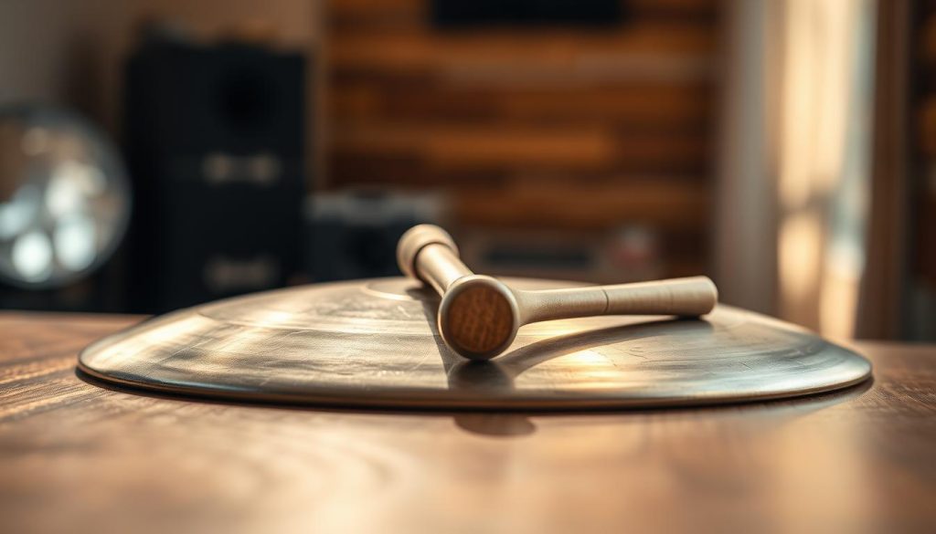 A detailed image of a handpan lying on a wooden table, showing signs of wear and natural fading colors indicative of time. In the foreground, the handpan’s smooth metallic surface reflects soft, warm sunlight, highlighting subtle scratches and dents that tell stories of its journey. In the middle, a well-worn tuning hammer rests beside the handpan, symbolizing the ongoing process of re-tuning. In the background, a blurred-out ambient space with soft shadows creates a calming atmosphere, mimicking a serene music studio. The lighting is warm and inviting, creating a sense of nostalgia and the passage of time. Focused from a slightly elevated angle to encapsulate the textures of the handpan and the table beneath it.