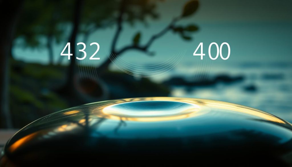 A serene and balanced composition showcasing a handpan tuned to both 432 Hz and 440 Hz. In the foreground, a beautifully crafted handpan gleams under soft, warm lighting, its polished surface reflecting subtle hues of blue and green. In the middle ground, delicate sound waves, represented visually, emanate from the handpan, illustrating the concept of sound frequencies harmonizing. The background features a tranquil nature scene, perhaps a gentle forest or a calm seascape, creating an atmosphere of peace and introspection. The overall mood is contemplative and serene, with a focus on the connection between music and nature, captured from a slight high angle to emphasize the handpan's elegance and sound vibrations.