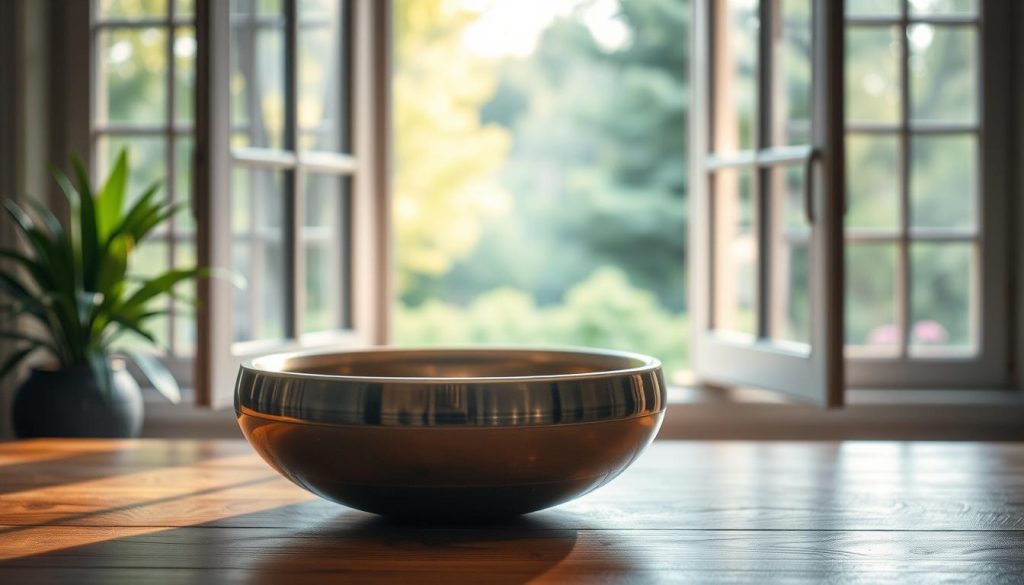 A serene and harmonious scene depicting a handpan, resonating with the calming vibrations of 432 Hz music. In the foreground, a beautifully crafted handpan rests on a smooth wooden surface, its metallic finish reflecting soft light. The middle ground features an open window, allowing gentle sunlight to stream in and create a warm atmosphere. Outside the window, a lush, green garden serves as the background, symbolizing nature and tranquility, with blurred trees gently swaying in the breeze. The overall mood is peaceful and inviting, capturing the essence of sound therapy. The light should be soft and diffused, reminiscent of early morning, highlighting the intricate details of the handpan while maintaining an ethereal quality.