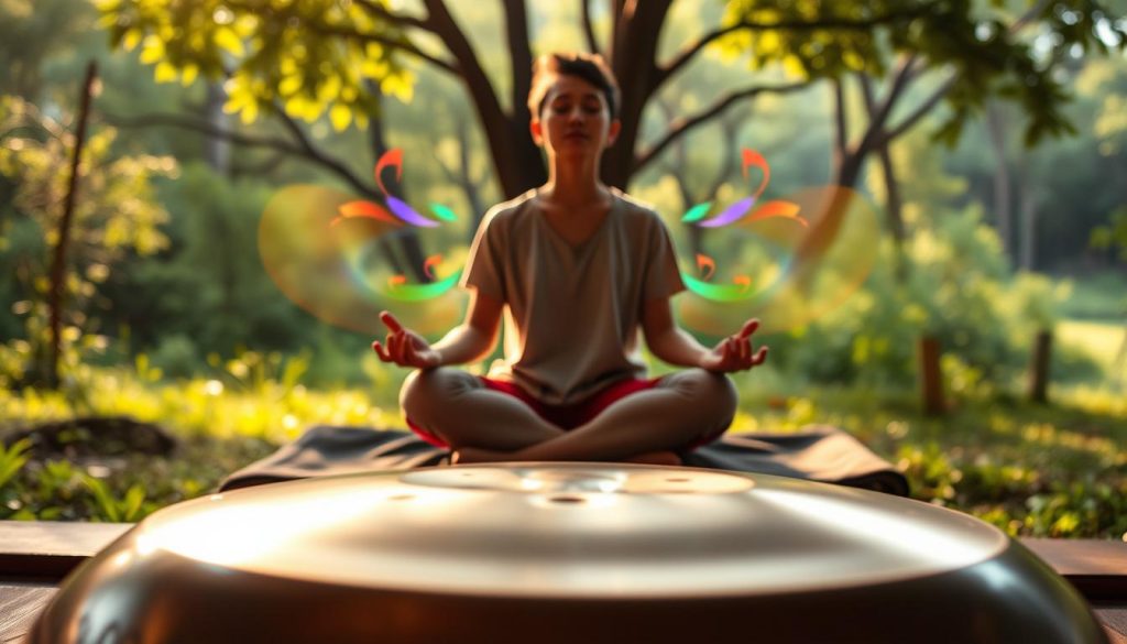 A serene and tranquil scene depicting the benefits of handpan music on body and mind. In the foreground, a handpan with intricate patterns glimmers softly under warm ambient lighting, inviting viewers to connect with its resonance. The middle ground features a person in modest casual clothing, sitting cross-legged, eyes closed in meditation, surrounded by gentle waves of colorful sound vibrations emanating from the handpan. The background showcases a peaceful nature setting with lush greenery and soft sunlight filtering through trees, creating a harmonious atmosphere. The composition should emphasize unity and calm, with a shallow depth of field to focus on the handpan and the meditator, allowing the viewer to feel the soothing energy of the music. The overall mood should be reflective and uplifting, conveying the holistic benefits of handpan sounds.