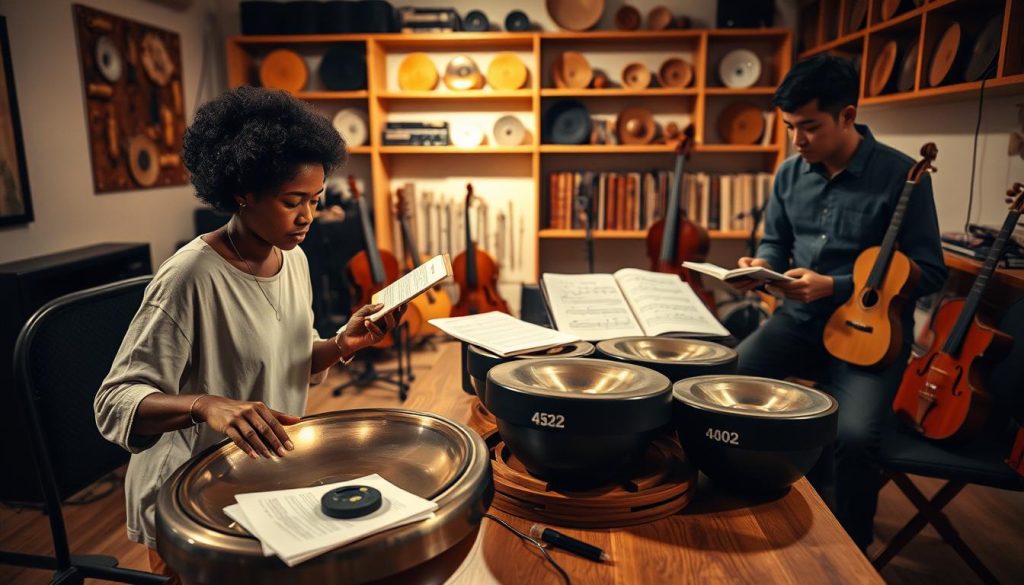 A serene indoor music studio featuring a diverse group of musicians deep in discussion. In the foreground, a female musician of African descent playing a handpan with soulful concentration, dressed in modest casual attire. Beside her, a male musician of Asian descent holding a notepad, taking notes attentively. In the middle ground, a wooden table scattered with musical sheets and handpan instruments tuned to 432 Hz and 440 Hz, subtly labeled for distinction. The background showcases shelves filled with various musical instruments, warm lighting creating an inviting atmosphere. Soft shadows enhance the mood of creativity and collaboration, captured from a slightly elevated angle for a dynamic perspective. The overall appearance conveys a sense of harmony and focus on musical choices.
