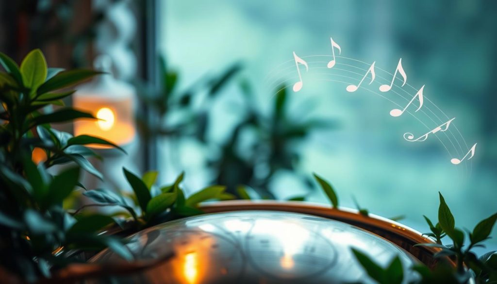 A serene indoor scene featuring a beautifully crafted handpan at the forefront, nestled among lush greenery. The handpan's surface gleams under soft, warm ambient lighting that highlights its intricate notes and metallic hues. In the background, a softly blurred gradient of calming blue and green tones enhances the sense of tranquility. The middle ground includes delicate, swirling musical notes artistically floating from the handpan, visually representing the harmonious sound waves. The angle is slightly above the handpan, offering a dynamic perspective that draws the viewer in. The overall atmosphere conveys a sense of peace and introspection, inviting the audience to explore the acoustic beauty of the handpan.