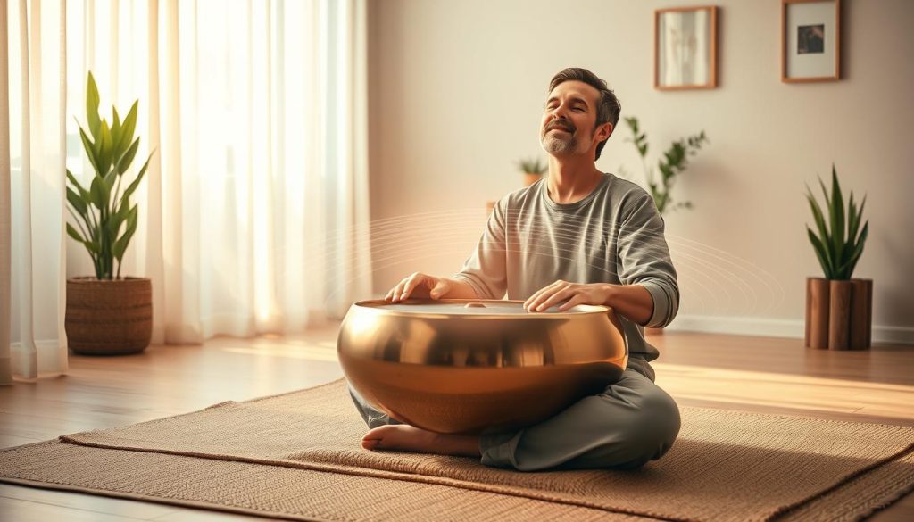A serene indoor scene featuring a professional musician sitting cross-legged on a soft, natural fiber mat, playing a beautiful handpan tuned to 432 Hz. The musician is wearing comfortable yet modest clothing, eyes closed, embodying relaxation and mindfulness. In the foreground, warm, soft light filters through sheer curtains, illuminating the handpan, showcasing its intricate details and colors. In the middle ground, a gentle aura of sound waves emanates from the instrument, depicted as soft, glowing lines that subtly ripple in the air. The background includes a minimalist room adorned with plants and subtle art, contributing to a tranquil atmosphere conducive to relaxation. Overall, the image conveys a sense of calm and introspection, capturing the essence of the musical experience.