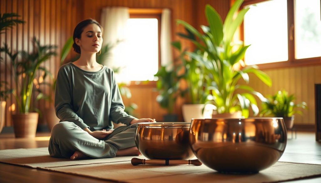 A serene indoor space dedicated to meditation, featuring a person sitting cross-legged on a soft mat, wearing comfortable, modest clothes. The foreground shows the individual with closed eyes, hands resting on their knees, exuding tranquility. In the middle, a handpan rests nearby, gently reflecting the soft, warm light from a window, casting delicate shadows. The background is adorned with lush green plants, creating a calming natural environment, with warm wooden tones enhancing the sense of peace. The overall atmosphere is tranquil and introspective, illuminated by soft, natural light that enhances the serene mood. A shallow depth of field softens the edges, focusing attention on the meditator and the handpan.