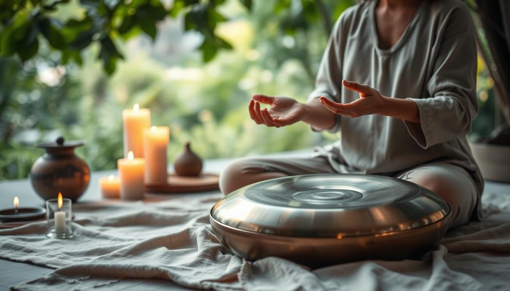 A serene meditation scene featuring a handpan in the foreground, elegantly positioned on a soft, natural fabric. The musician, attired in modest casual clothing, plays the instrument with focused intent, radiating a sense of tranquility. In the middle ground, subtle elements such as incense smoke and soft, flickering candles create a warm, inviting atmosphere. The background reveals a peaceful natural setting, with soft greenery and gentle sunlight filtering through leaves, enveloping the scene in a calming glow. The lighting emphasizes soft shadows and highlights, enhancing the sense of depth. The mood is serene and introspective, encouraging relaxation and meditation. The composition captures the harmonious connection between the musician, the handpan, and the surrounding nature.