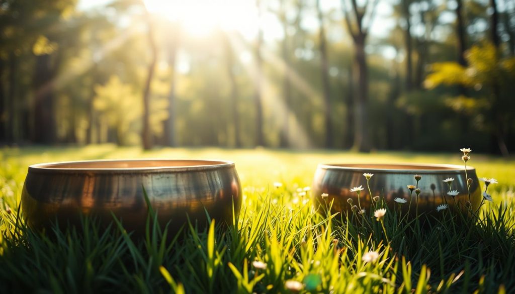 A serene outdoor setting showcasing two distinct handpans, one resonating in 432 Hz and the other in 440 Hz. In the foreground, the handpan in 432 Hz glows softly under the warm sunlight, with lush green grass around it, evoking tranquility. The handpan in 440 Hz sits nearby, surrounded by delicate wildflowers, reflecting a slightly more vibrant energy. In the middle background, a blurred view of a peaceful forest adds depth, hinting at harmony with nature. Gentle rays of sunlight filter through the trees, creating a soothing atmosphere. Shot from a mid-angle perspective, the image captures the essence of musical frequencies in a natural setting, inviting contemplation and connection with the sound.