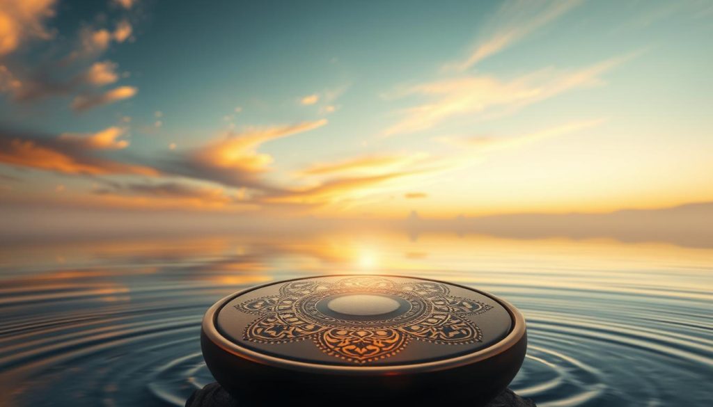 A serene, visually striking composition focusing on the concept of "fréquence 432." In the foreground, display a luminous handpan with intricate designs, emphasizing waves of sound emanating from it, symbolizing harmony and peace. The middle ground features soft, flowing water with gentle ripples, representing soothing vibrations. Set against a dreamy, ethereal landscape in the background, where the sky transitions from warm golds to deep blues, suggesting a mystical twilight. Use soft, diffused lighting to create an inviting and tranquil atmosphere, enhancing the mood of introspection and serenity. The composition should have a slight depth of field effect, blurring the distant elements to emphasize the handpan in the foreground while maintaining a cohesive, harmonious blend.