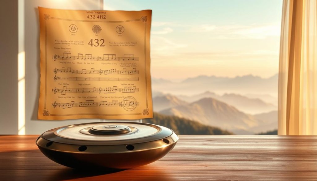 A tranquil scene illustrating the essence of "fréquence 432 Hz." In the foreground, a handpan rests elegantly on a smooth wooden surface, its iridescent surface reflecting ambient light. The middle ground features a soft, ethereal glow emanating from an ancient parchment depicting the history of musical frequencies, integrating symbols and notes associated with 432 Hz. In the background, a serene landscape unfolds, with mountains gently fading into a soft pastel sky, highlighting the connection to nature and harmony. The lighting is warm and inviting, with rays of sunlight filtering through an open window, casting delicate shadows. The mood conveys a sense of peace and introspection, inviting viewers to explore the historical significance of this frequency.