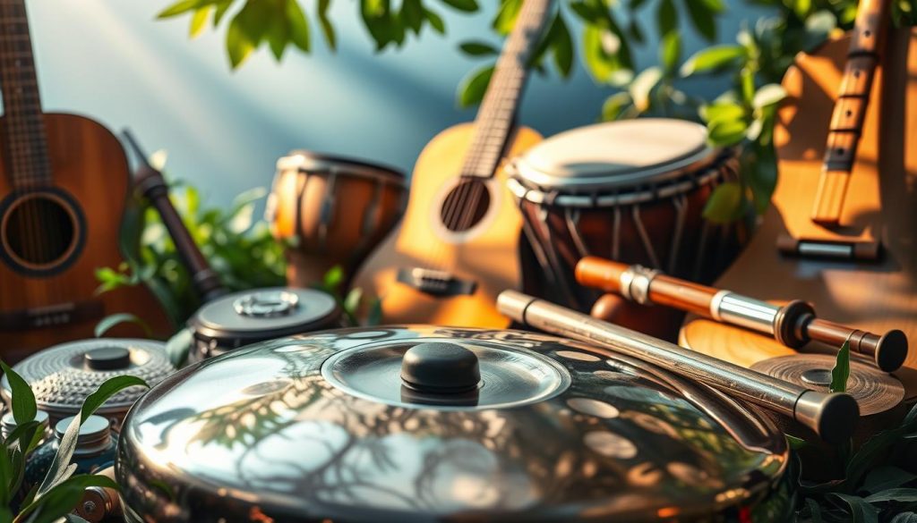 A visually striking image featuring an array of various musical instruments in a natural setting. In the foreground, a beautifully crafted handpan is displayed prominently, reflecting its shiny metallic surface under soft, warm lighting. Surrounding the handpan are other intriguing instruments, such as a wooden guitar, a traditional djembe drum, and an elegant flute, each showcasing their unique textures and colors. The middle ground features lush greenery and soft textures, creating a serene atmosphere. In the background, a gentle gradient of blues and greens mimics the calm of a peaceful outdoor space. Soft sunlight filters through the leaves, casting delicate shadows, enhancing the inviting and harmonious mood of the scene. The image captures the essence of versatility in music, embodying the theme of adaptable sound.