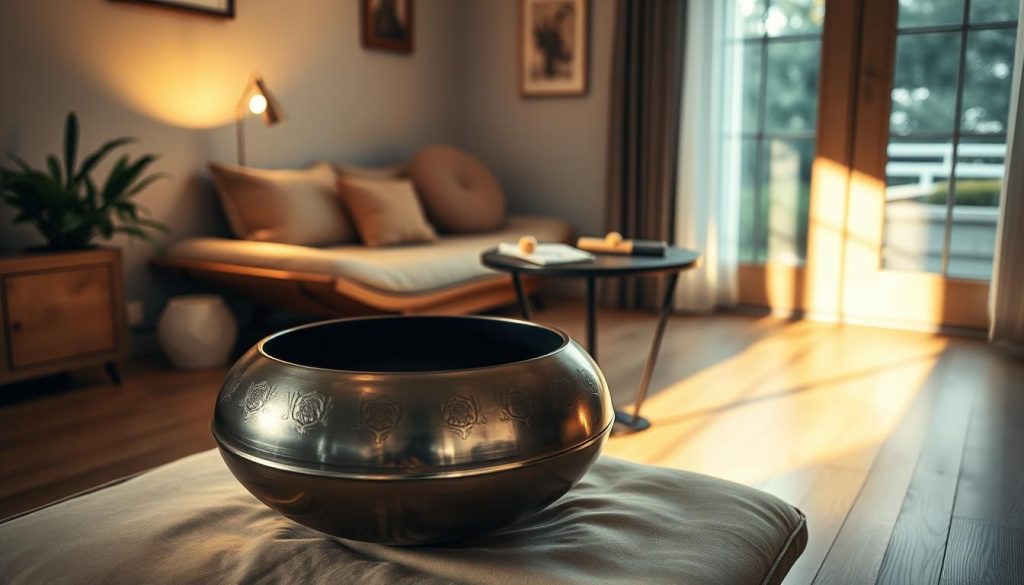 A beautiful handpan, displaying its luminous metallic surface with intricate patterns, sits prominently in the foreground on a soft, natural wooden surface. In the middle ground, a comfortable, inviting space is arranged with a cozy cushion and a small table holding a few essential accessories for handpan playing, like mallets and a notebook. The background features a softly lit room with warm, ambient lighting from a nearby window, casting gentle shadows that create a peaceful and inspiring atmosphere. The overall mood is tranquil and encouraging, suggesting that this is a dedicated space for learning and creativity. Aim for a focus on texture and depth, capturing the essence of a serene practicing environment for musicians. A beautiful handpan, displaying its luminous metallic surface with intricate patterns, sits prominently in the foreground on a soft, natural wooden surface. In the middle ground, a comfortable, inviting space is arranged with a cozy cushion and a small table holding a few essential accessories for handpan playing, like mallets and a notebook. The background features a softly lit room with warm, ambient lighting from a nearby window, casting gentle shadows that create a peaceful and inspiring atmosphere. The overall mood is tranquil and encouraging, suggesting that this is a dedicated space for learning and creativity. Aim for a focus on texture and depth, capturing the essence of a serene practicing environment for musicians.