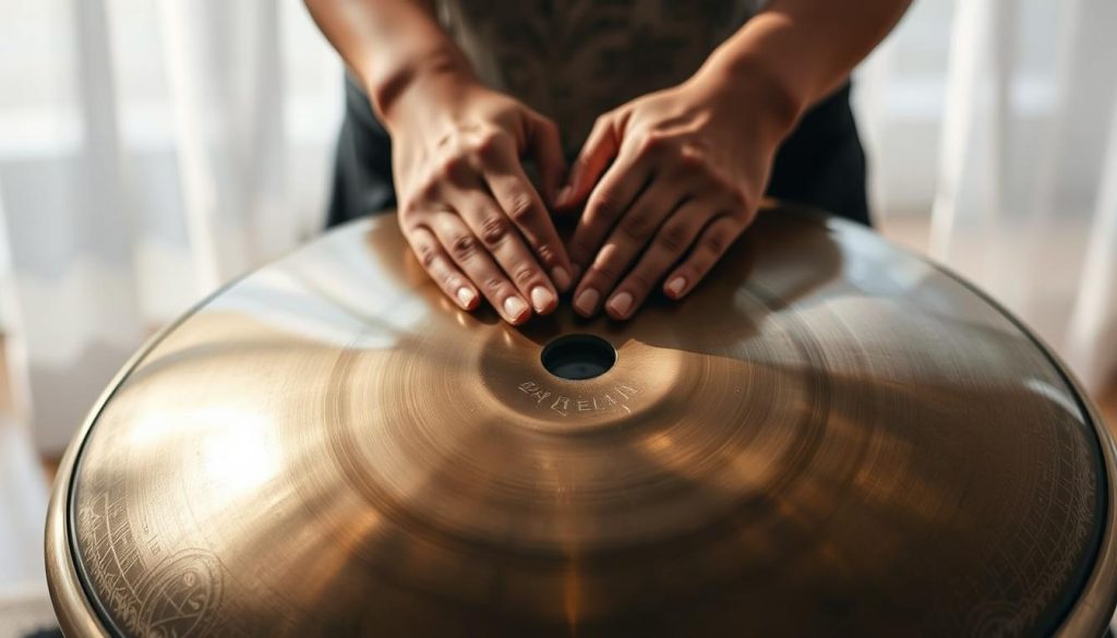A beautifully arranged handpan set against a softly lit background. In the foreground, the focal point is a close-up of a handpan with a prominent central note, showcasing its intricate patterns and shimmering metallic surface. The lighting casts gentle highlights and soft shadows, enhancing the texture and depth of the instrument. In the middle, a pair of hands gently strikes the central note, illustrating the connection between the musician and the instrument. The background features a blurred calming setting, perhaps a peaceful room or an outdoor environment, evoking a serene atmosphere. The overall mood is inviting and harmonious, perfect for illustrating the journey of discovering music through the handpan. A beautifully arranged handpan set against a softly lit background. In the foreground, the focal point is a close-up of a handpan with a prominent central note, showcasing its intricate patterns and shimmering metallic surface. The lighting casts gentle highlights and soft shadows, enhancing the texture and depth of the instrument. In the middle, a pair of hands gently strikes the central note, illustrating the connection between the musician and the instrument. The background features a blurred calming setting, perhaps a peaceful room or an outdoor environment, evoking a serene atmosphere. The overall mood is inviting and harmonious, perfect for illustrating the journey of discovering music through the handpan.