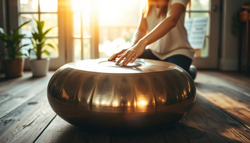 A beautifully arranged handpan set on a rustic wooden floor, surrounded by natural light streaming through a large open window. In the foreground, the handpan glistens with intricate patterns, showcasing its polished metallic surface. In the middle ground, a pair of hands gently striking the handpan's surface, conveying a sense of focus and tranquility. The person's attire is modest and casual, emphasizing comfort while playing. In the background, soft greenery and artistic music sheets are slightly blurred, enhancing the atmosphere of creativity and learning. The overall mood is serene and inspiring, inviting viewers to imagine the peaceful sounds that resonate from the instrument. Golden hour lighting casts warm hues, creating an inviting and uplifting ambiance. A beautifully arranged handpan set on a rustic wooden floor, surrounded by natural light streaming through a large open window. In the foreground, the handpan glistens with intricate patterns, showcasing its polished metallic surface. In the middle ground, a pair of hands gently striking the handpan's surface, conveying a sense of focus and tranquility. The person's attire is modest and casual, emphasizing comfort while playing. In the background, soft greenery and artistic music sheets are slightly blurred, enhancing the atmosphere of creativity and learning. The overall mood is serene and inspiring, inviting viewers to imagine the peaceful sounds that resonate from the instrument. Golden hour lighting casts warm hues, creating an inviting and uplifting ambiance.
