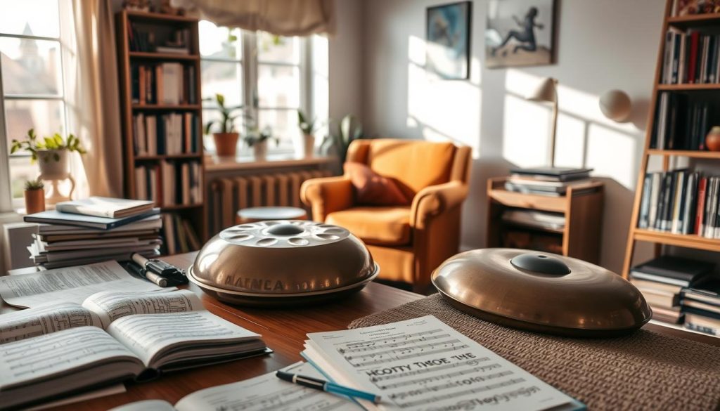 A cozy study space filled with handpan learning materials. In the foreground, a wooden desk is cluttered with open books on music theory and handpan techniques, alongside colorful sheet music and a handpan resting on a soft, textured mat. The middle of the scene features a warm, inviting armchair next to a small bookshelf filled with additional resources, ensuring the focus on effective learning. The background shows a softly lit window with plants outside, creating a serene atmosphere. Natural light floods the room, casting gentle shadows. The overall mood is focused and inspiring, promoting a love for music and learning. A cozy study space filled with handpan learning materials. In the foreground, a wooden desk is cluttered with open books on music theory and handpan techniques, alongside colorful sheet music and a handpan resting on a soft, textured mat. The middle of the scene features a warm, inviting armchair next to a small bookshelf filled with additional resources, ensuring the focus on effective learning. The background shows a softly lit window with plants outside, creating a serene atmosphere. Natural light floods the room, casting gentle shadows. The overall mood is focused and inspiring, promoting a love for music and learning.