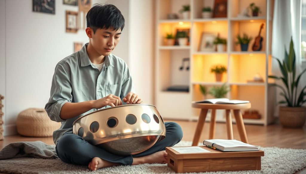 A focused and serene atmosphere captures a handpan beginner learning in a cozy indoor space. In the foreground, a young adult of Asian descent sits cross-legged on a soft rug, displaying a modest casual shirt and pants while concentrating on their handpan. The handpan, with its unique melodic shapes and metallic finish, is central to the composition. In the middle ground, a small wooden table holds instructional books and a notebook with notes. The background is softly blurred, featuring warm-lit shelves with musical decorations and potted plants, creating an inviting ambiance. Natural light filters through a nearby window, casting gentle illumination that emphasizes the aspiring musician's thoughtful expression. The overall mood is one of focus, patience, and determination as mistakes are acknowledged and learning unfolds. A focused and serene atmosphere captures a handpan beginner learning in a cozy indoor space. In the foreground, a young adult of Asian descent sits cross-legged on a soft rug, displaying a modest casual shirt and pants while concentrating on their handpan. The handpan, with its unique melodic shapes and metallic finish, is central to the composition. In the middle ground, a small wooden table holds instructional books and a notebook with notes. The background is softly blurred, featuring warm-lit shelves with musical decorations and potted plants, creating an inviting ambiance. Natural light filters through a nearby window, casting gentle illumination that emphasizes the aspiring musician's thoughtful expression. The overall mood is one of focus, patience, and determination as mistakes are acknowledged and learning unfolds.