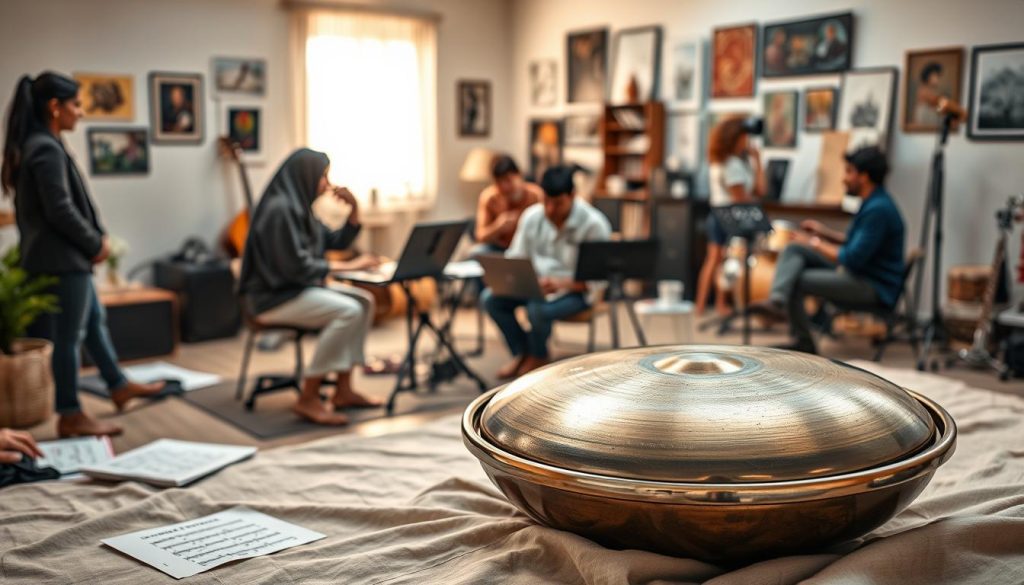 A serene and inviting scene depicting various learning options for the handpan instrument. In the foreground, a polished handpan rests on a soft, natural fabric, surrounded by sheet music and educational materials. In the middle ground, a diverse group of individuals—two in professional attire, one in modest casual clothing—engage in discussions, showcasing teamwork and collaboration. Some are seated at a table with laptops, while others are interacting with an instructor over a video call, demonstrating the online course option. In the background, a cozy studio filled with musical instruments and art evokes a sense of creativity and community. Soft, warm lighting filters through a window, enhancing the atmosphere of focus and inspiration.